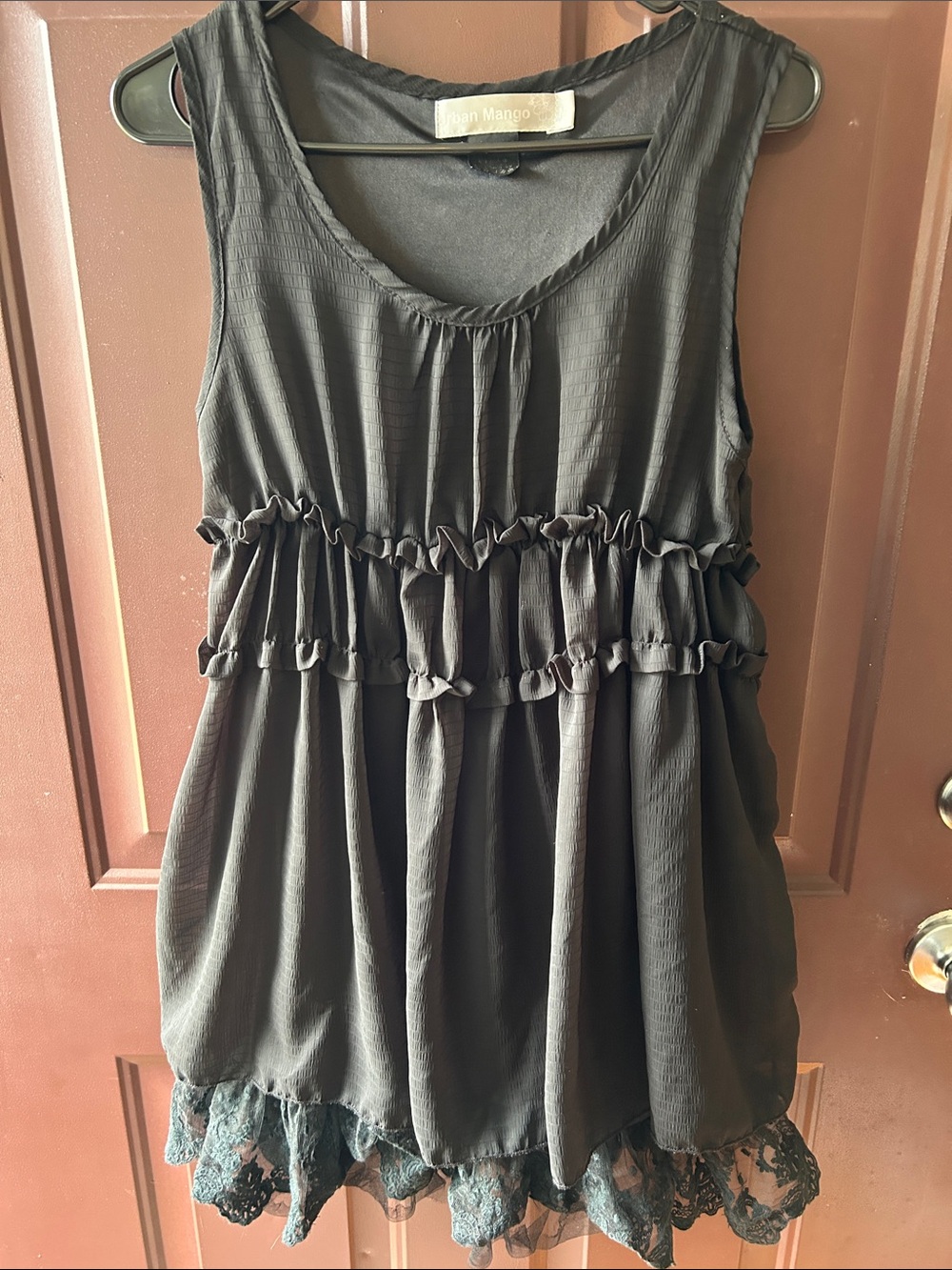 Black Ruffled Sleeveless Tunic with Lace Hem
